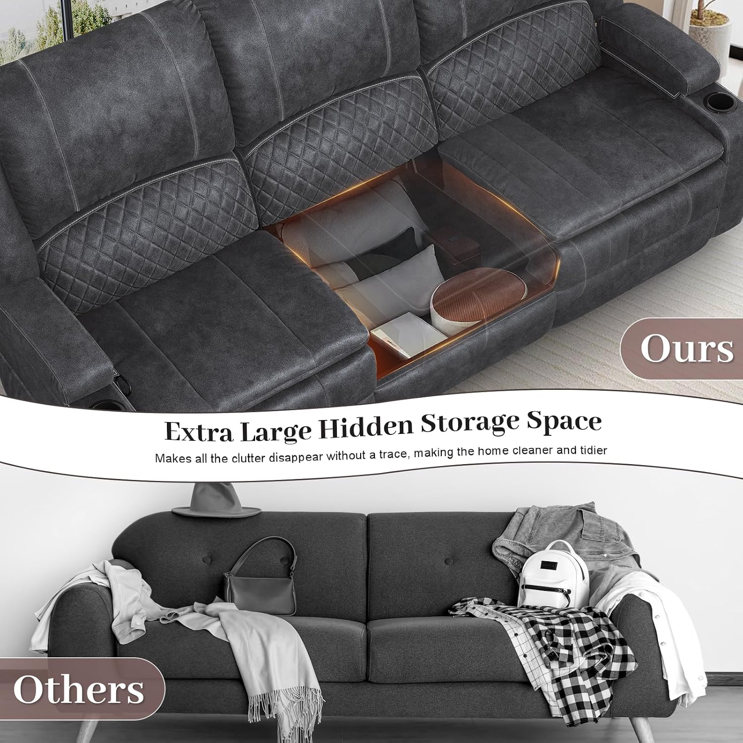 Yolsali 3-Seater Recliner Sofa, Manual Reclining Couch with Multi-Functional Middle Seat, Reclining Sofa for Living Room with Hidden Storage Space, Cup Holders, and Removable Console - Velvet Grey