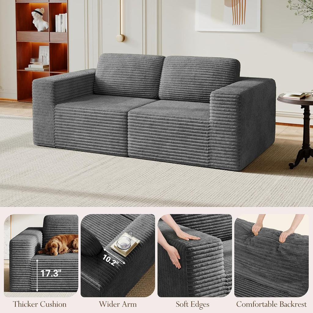 Vesgantti 80' Modular Sectional Sofa, Corduroy Cloud Couch with Deep Seating & Spring Support, 2 Seater Compact Modular Couch, Boneless Sectional Sofa for Small Spaces, No Assembly Required, Grey