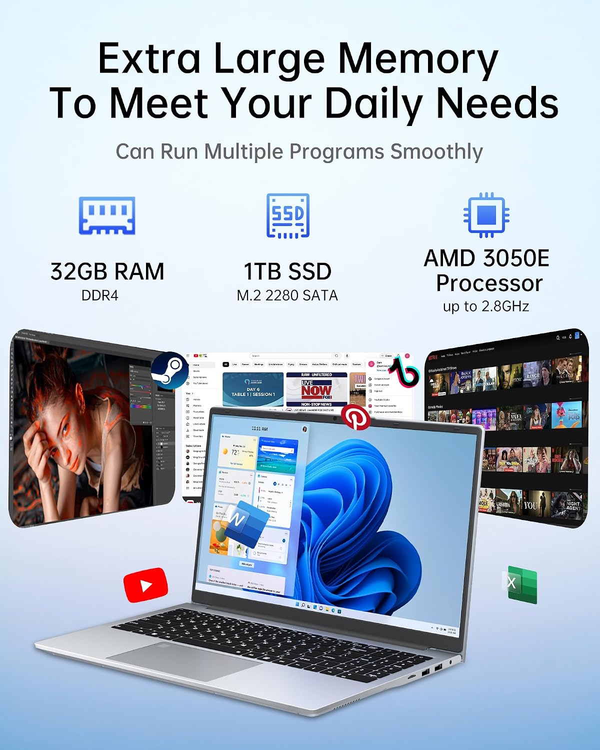 15.6' 32GB RAM+1TB Laptop Computer, Win11 2C4T AMD Radeon 3050E 1.7-3.4GHz Notebook Computer, Fingerprint Reader, 6000mAh Battery PC, WiFi 2.4/5GHz, Bluetooth 4.2, Silver