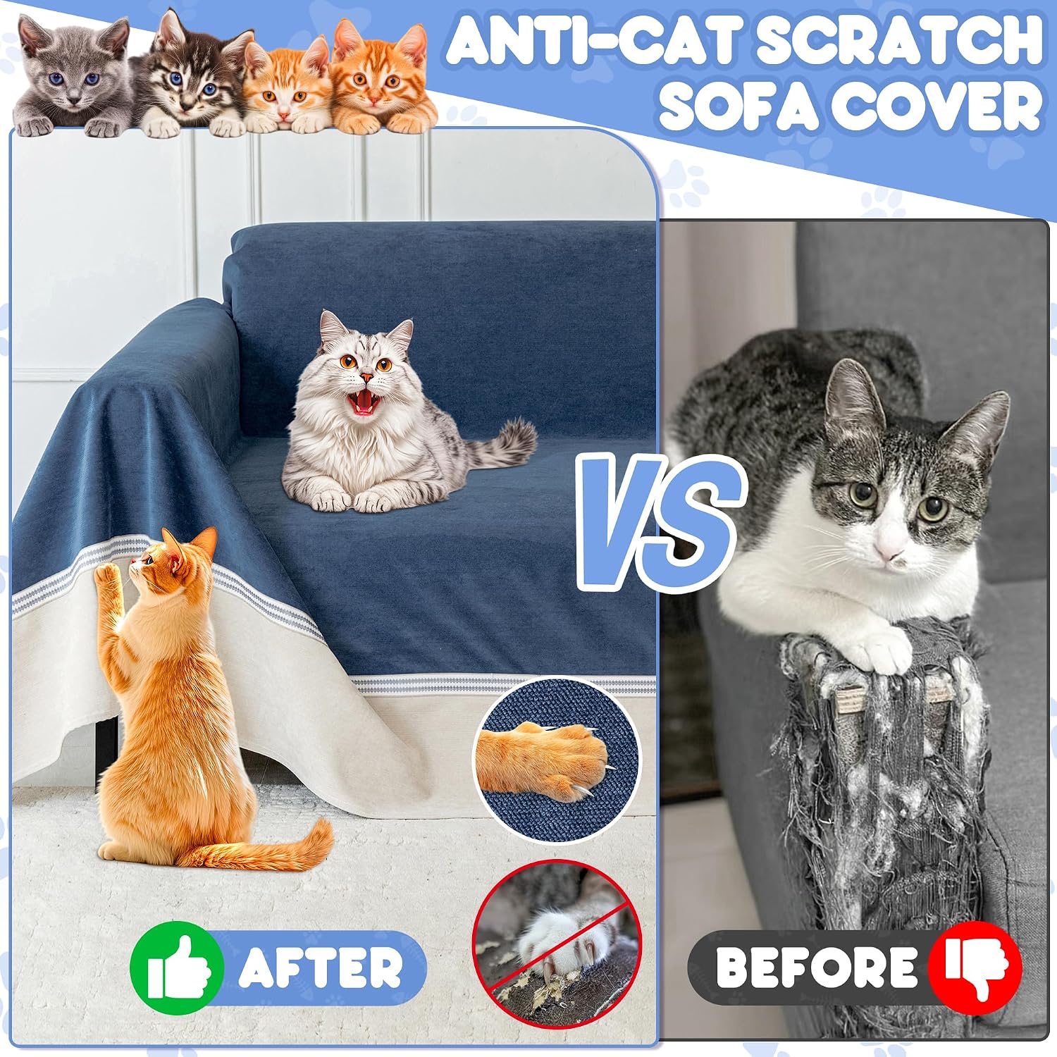 Cat Scratch Furniture Protector - Anti-Slip, Waterproof Sofa Cover to Keep Cats Off, Pet-Friendly Couch Protectors for 3 Cushion Couch, Anti-Scratch Couch Cover for Pets and Kids 150'X91'Navy Blue