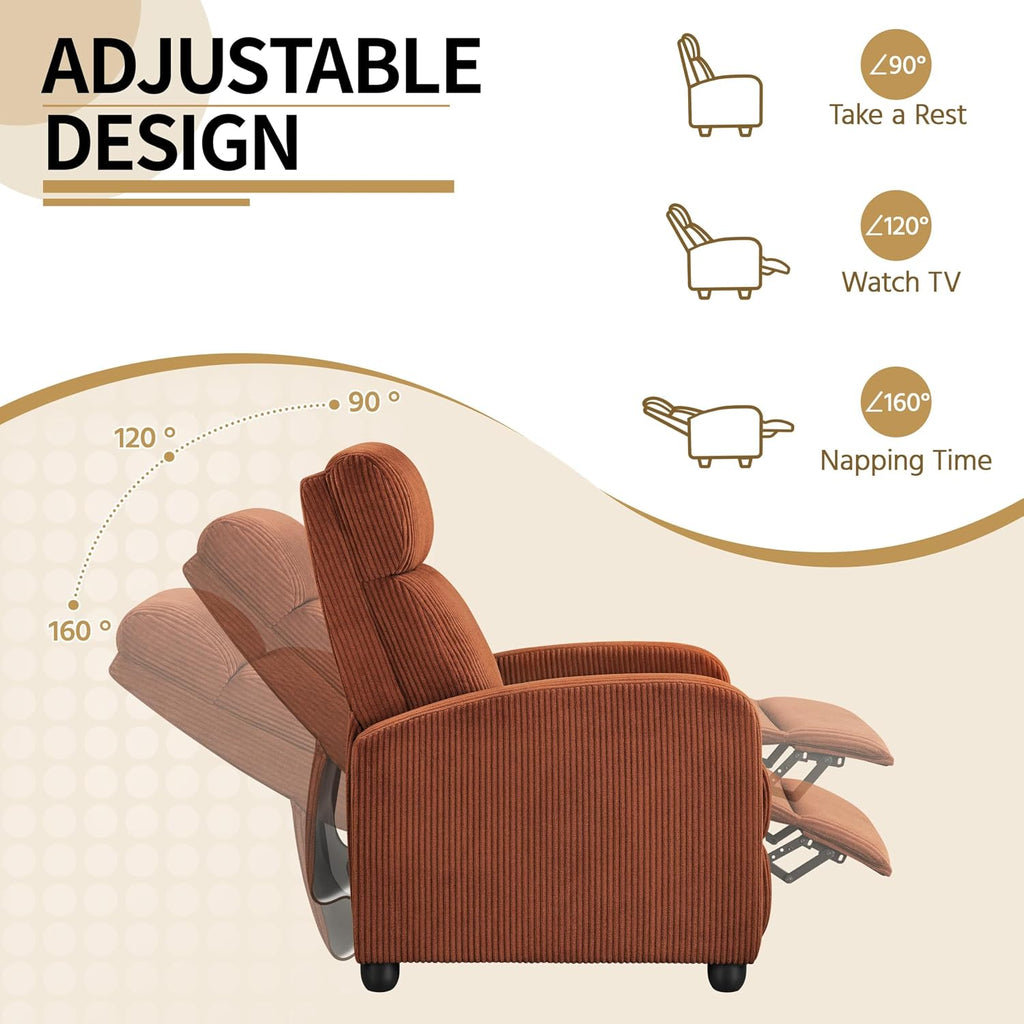 Yaheetech Corduroy Recliner Chair Single Sofa Home Theater Seating Adjustable Modern Reclining Chair for Living Room Bedroom Home Theater Brick Red