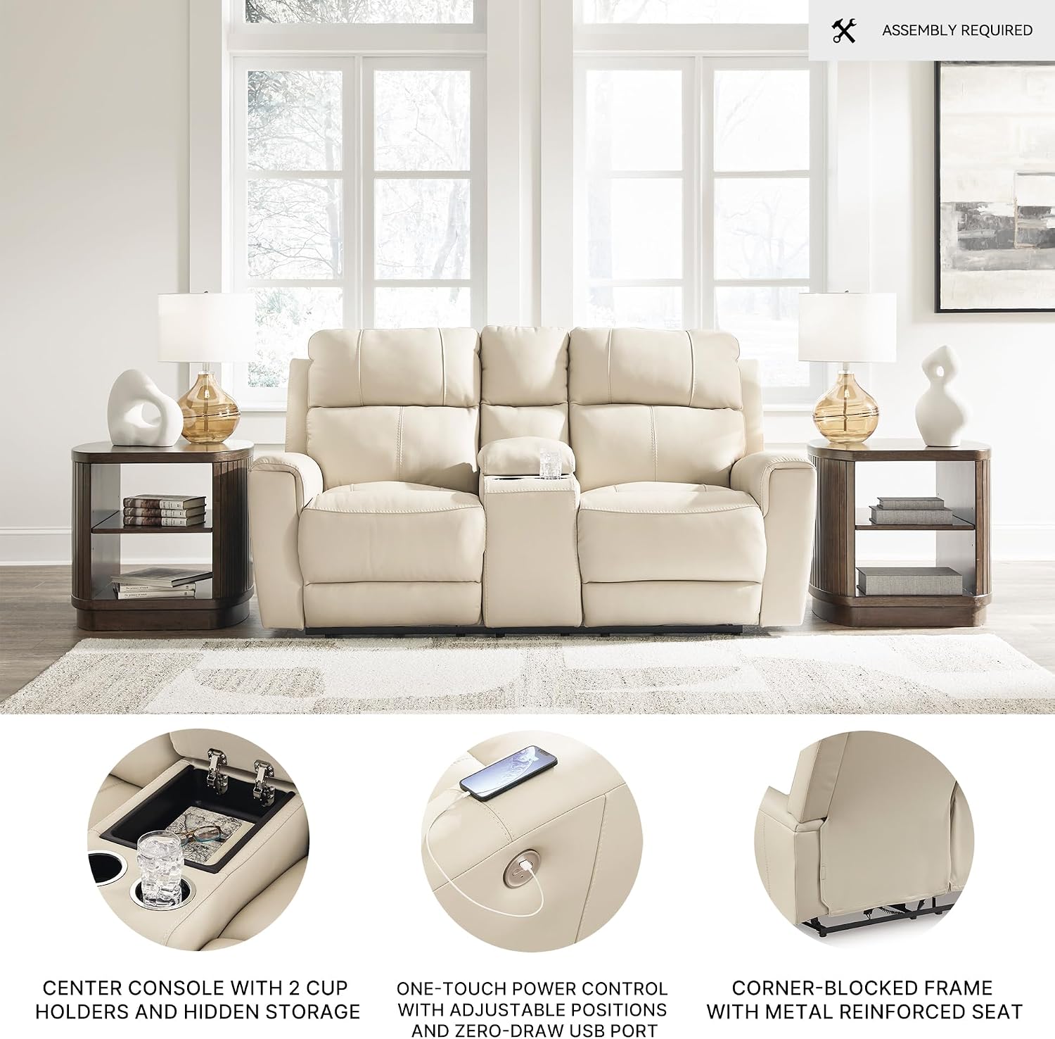 Signature Design by Ashley Dahlmoore Contemporary Leather Match Power Reclining Loveseat with Console and USB Ports, Beige