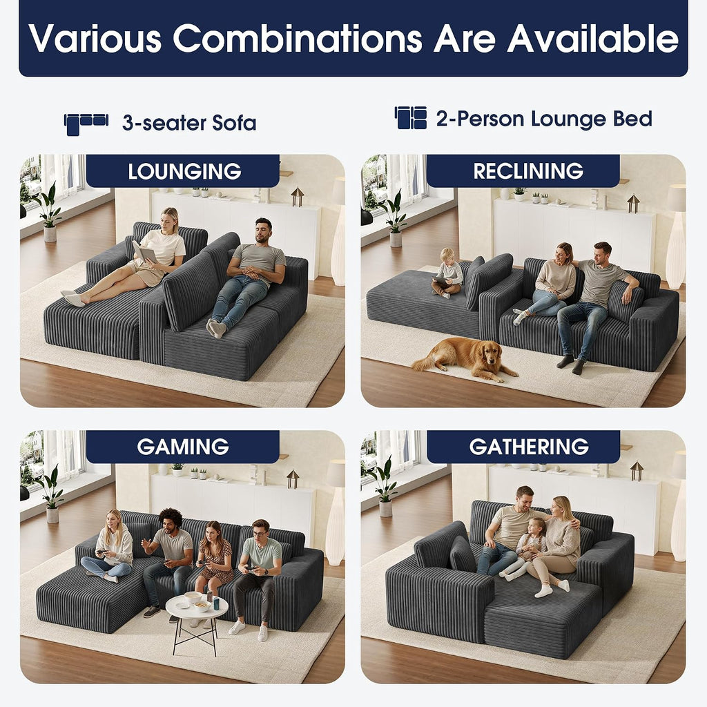 KINGYES 107'' Modular Sectional Sofa, L Shaped Cloud Couch for Living Room, Modern Plush Corduroy Boneless Sofa with Chaise for Bedroom, Gray