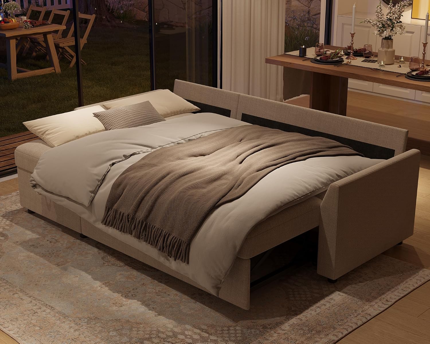 AMERLIFE Sofa Bed, 2-in-1 Sleeper Sofa with Storage Chaise, Pull Out Sofa Couch for Apartment Living Room, Linen Beige