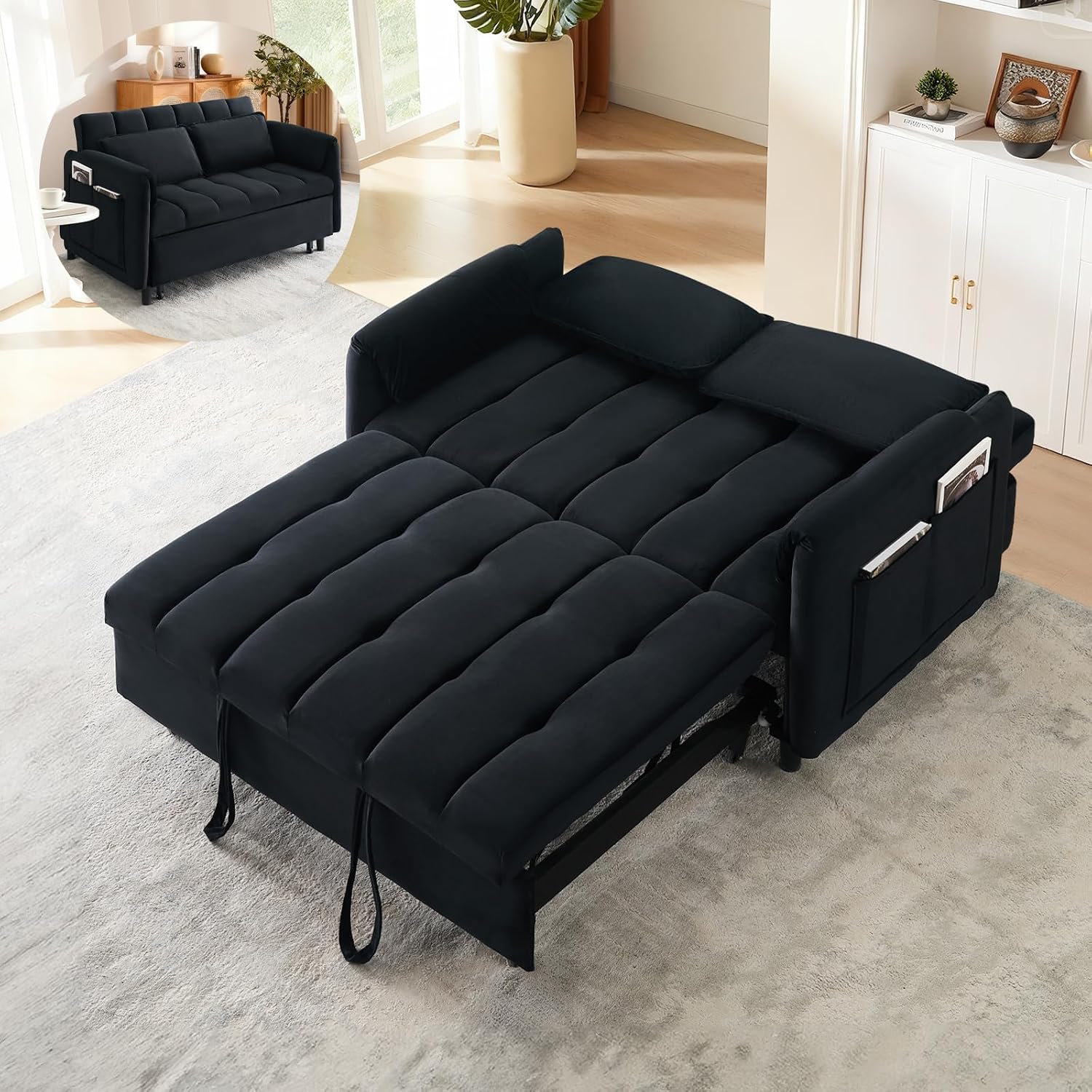 CAPCAEK 3 in 1 Convertible Sleeper Sofa Bed, Modern Velvet Loveseat Pull-Out Couch w/Pullout Bed, Small Love Seat Lounge Sofa w/Reclining Backrest,Toss Pillows, Pockets, for Living Room