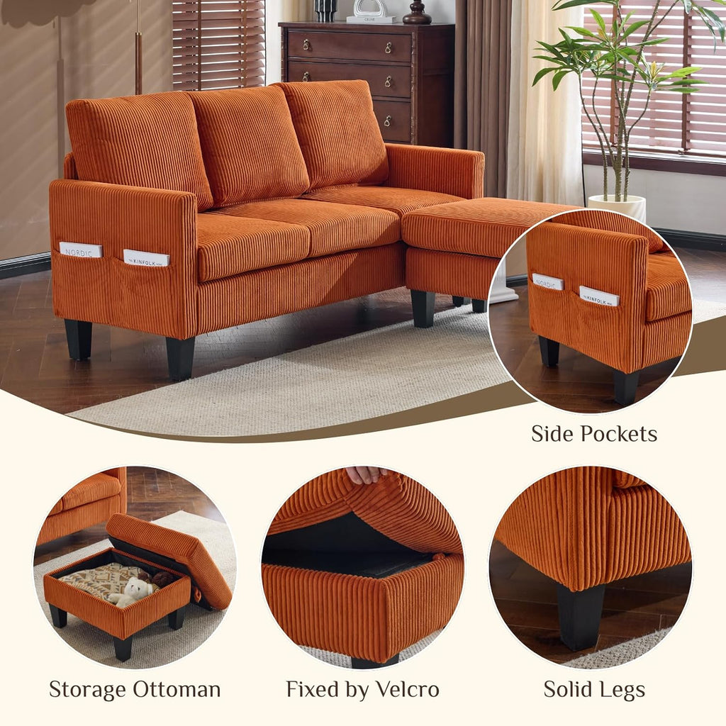 Karl home Small Sectional Couch L Shaped Sofa with Movable Storage Ottoman Corduroy Upholostered Sofa Chaise with Side Pockets for Living Room, Apartment, Studio, Orange