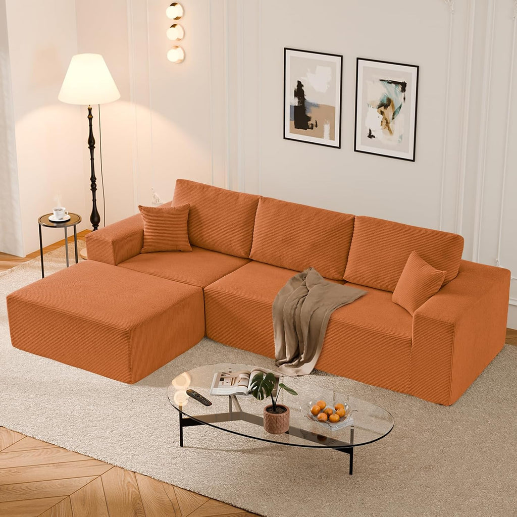 108' L-Shaped Boneless Couch, High Seat Modular Sectional Sofa with Moveable Ottoman, Corduroy Cloud Couches for Living Room, No Assembly, Ship in a Box, Orange