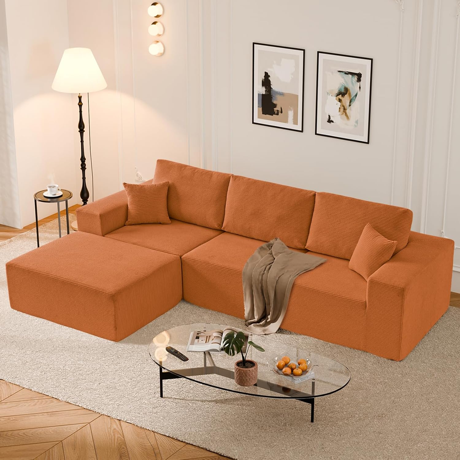 108' L-Shaped Boneless Couch, High Seat Modular Sectional Sofa with Moveable Ottoman, Corduroy Cloud Couches for Living Room, No Assembly, Ship in a Box, Orange