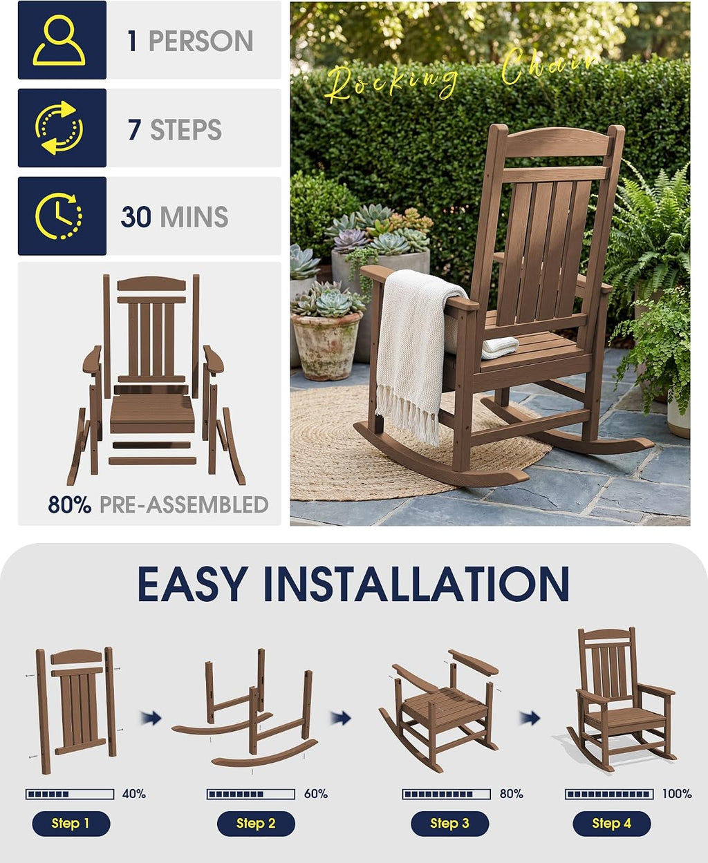 KINGYES Oversized HDPE Rocking Chairs Outdoor, Patio Rocking Chairs with 350lbs Support, Smooth Porch Rocker for Deck Lawn Yard, Brown