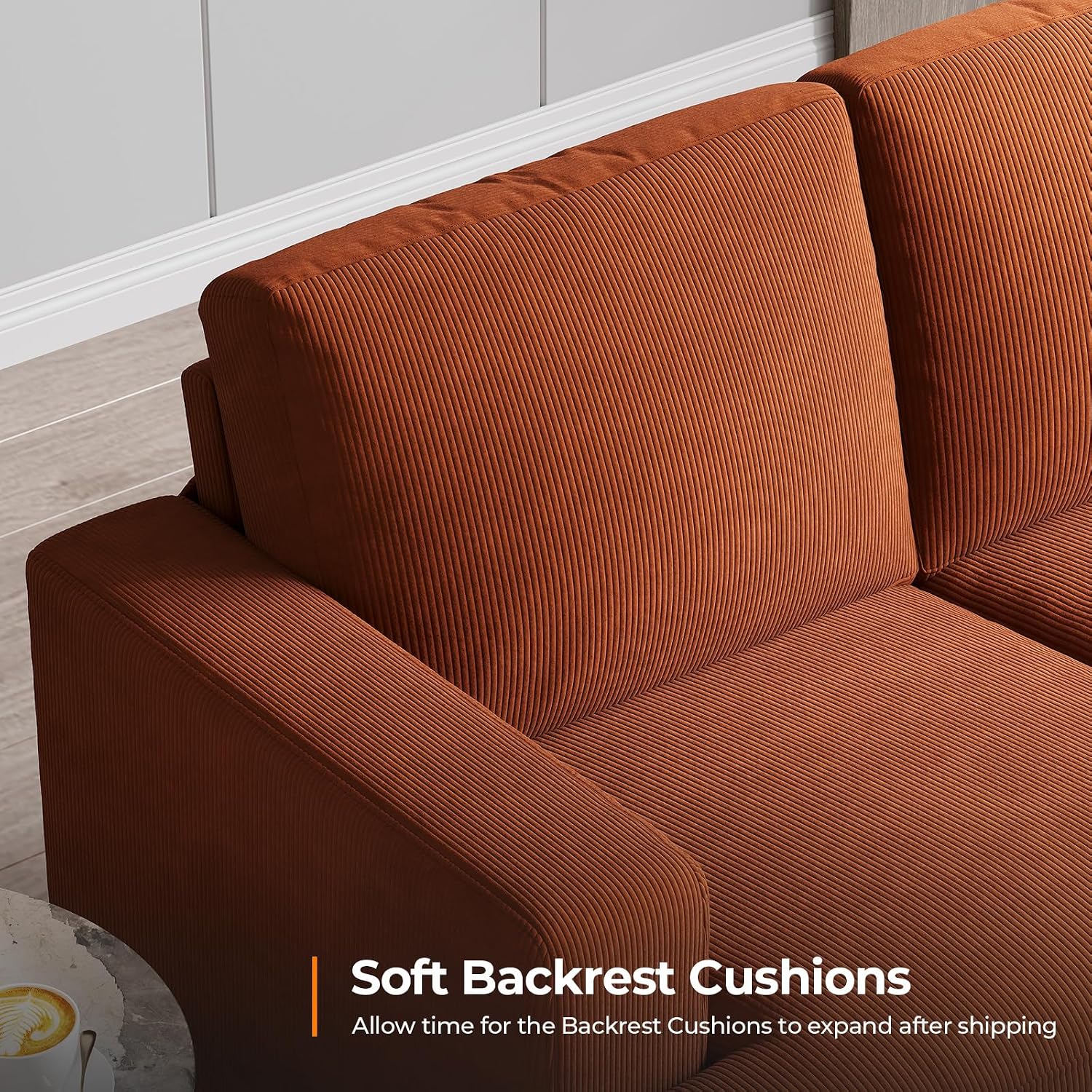 COPIAE 89 Inch Sofa with Extra Deep Seats Oversize, 3 Seater Sofa for Living Room, Modern Couch and Sofa, Comfy Armrests and Seats and Backrests, Easy Installation, Corduroy Fabric Rust