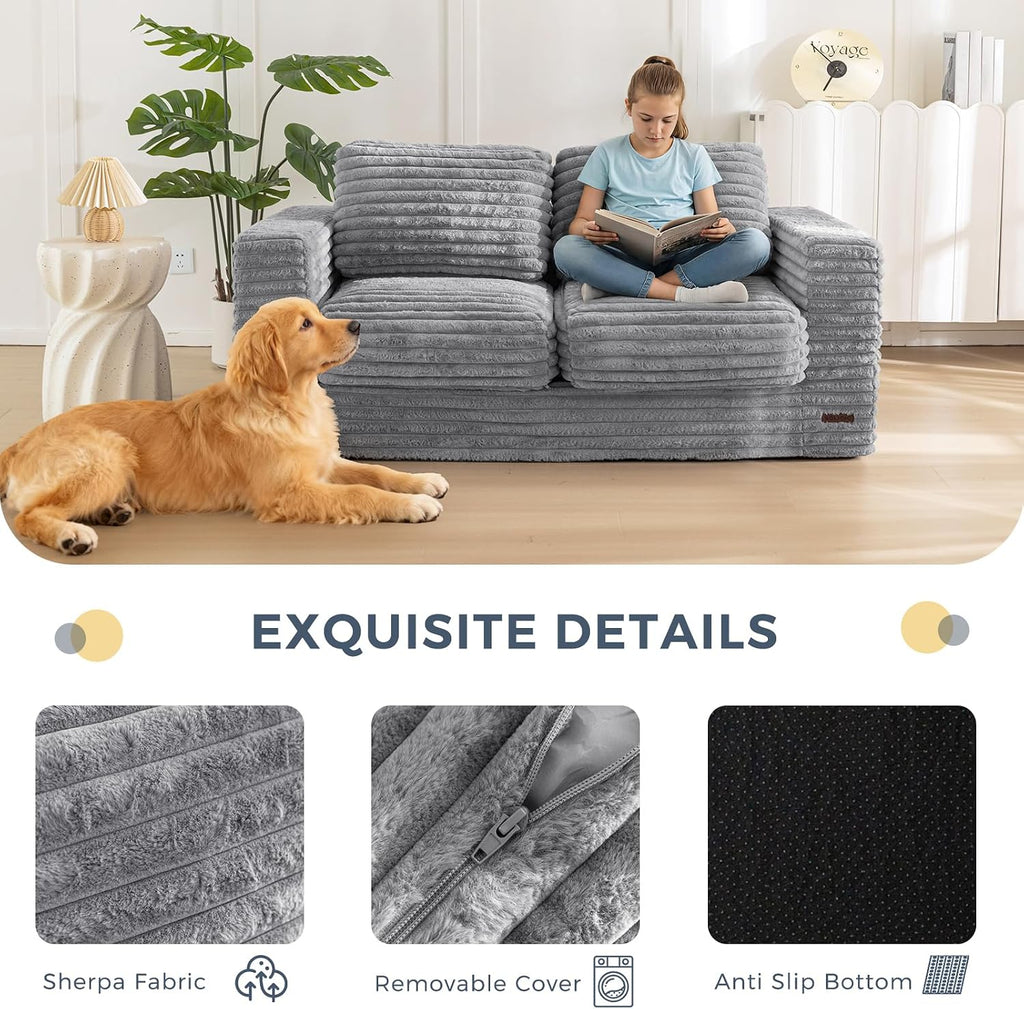 MAXYOYO Giant Bean Bag Chair for Adults, Upholstered Loveseat Floor Sofa with Pillows and Armrests, Large Bean Bag Sofa Plush Chair Bean Bag Couch for Bedroom Living Room, Grey