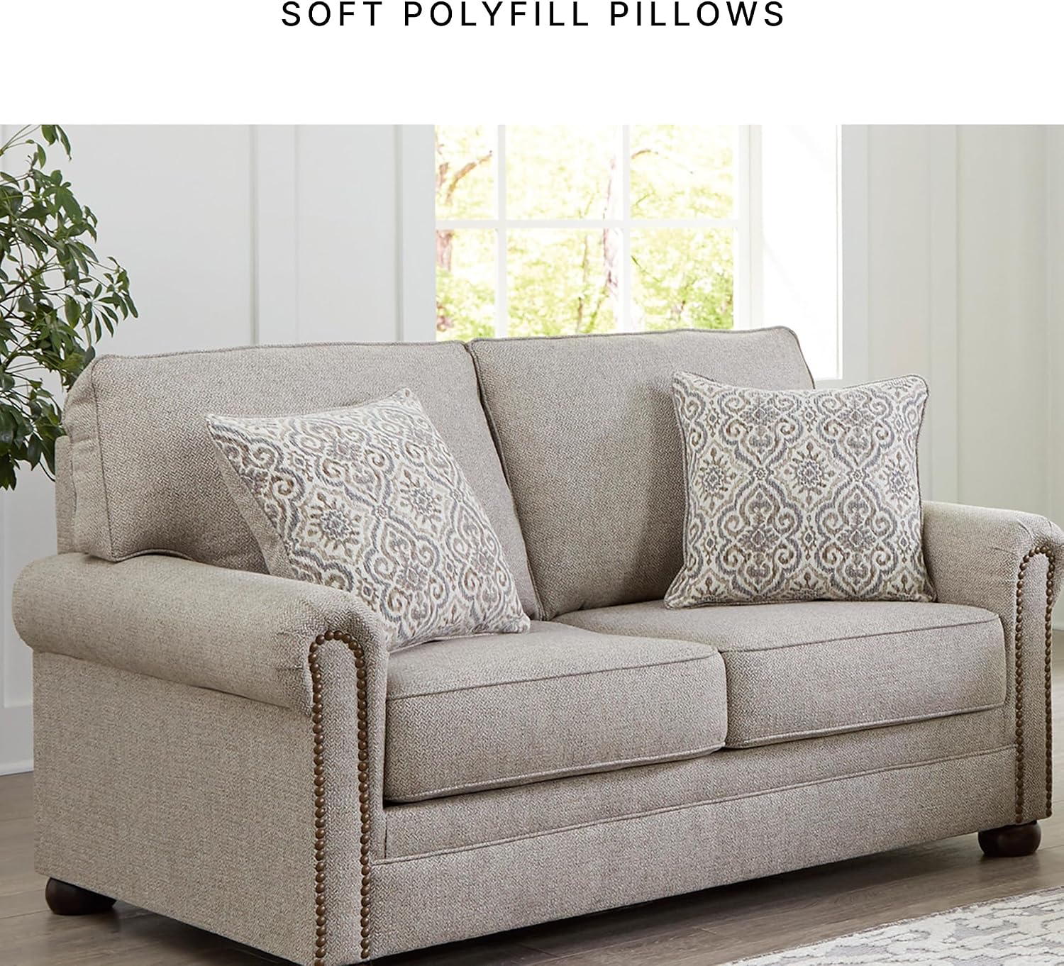 Signature Design by Ashley Gaelon Transitional Loveseat with Nailheads and 2 Accent Pillows, Beige