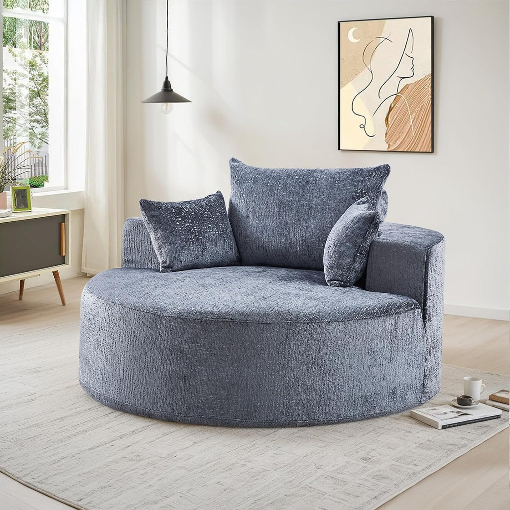 Oversized Round Chaise Longue Chair Indoor, Modern 55-inch Upholstered Chenille Deep Seat Circle Single Cloud Lounge Floor Sofa Chair for Living Room, Bedroom Apartment, Grey