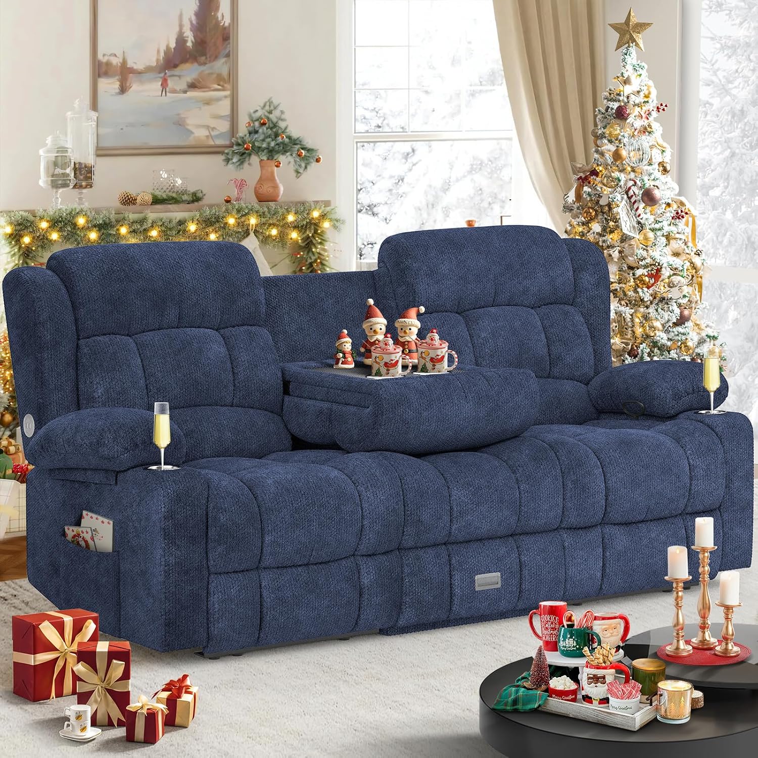 Dresegmt Loveseat Recliner Sofa, Flip Middle Backrest Design 3 Seat Reclining Sofa with Storage Drawer, USB Ports & Cup Holders, Manual Couch for Living Room/RV (Blue)