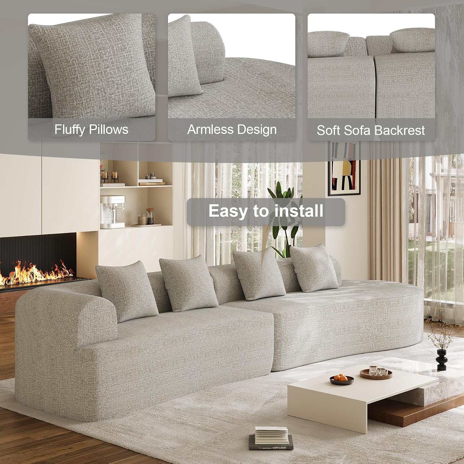 147' Oversized Sectional Sofa for Living Room, Modern Luxury Plush Chenille 4-Seater Extra Deep & Wide Seat Curved Cloud Couch with 4 Throw Pillows, No Assembly Needed, Light Grey