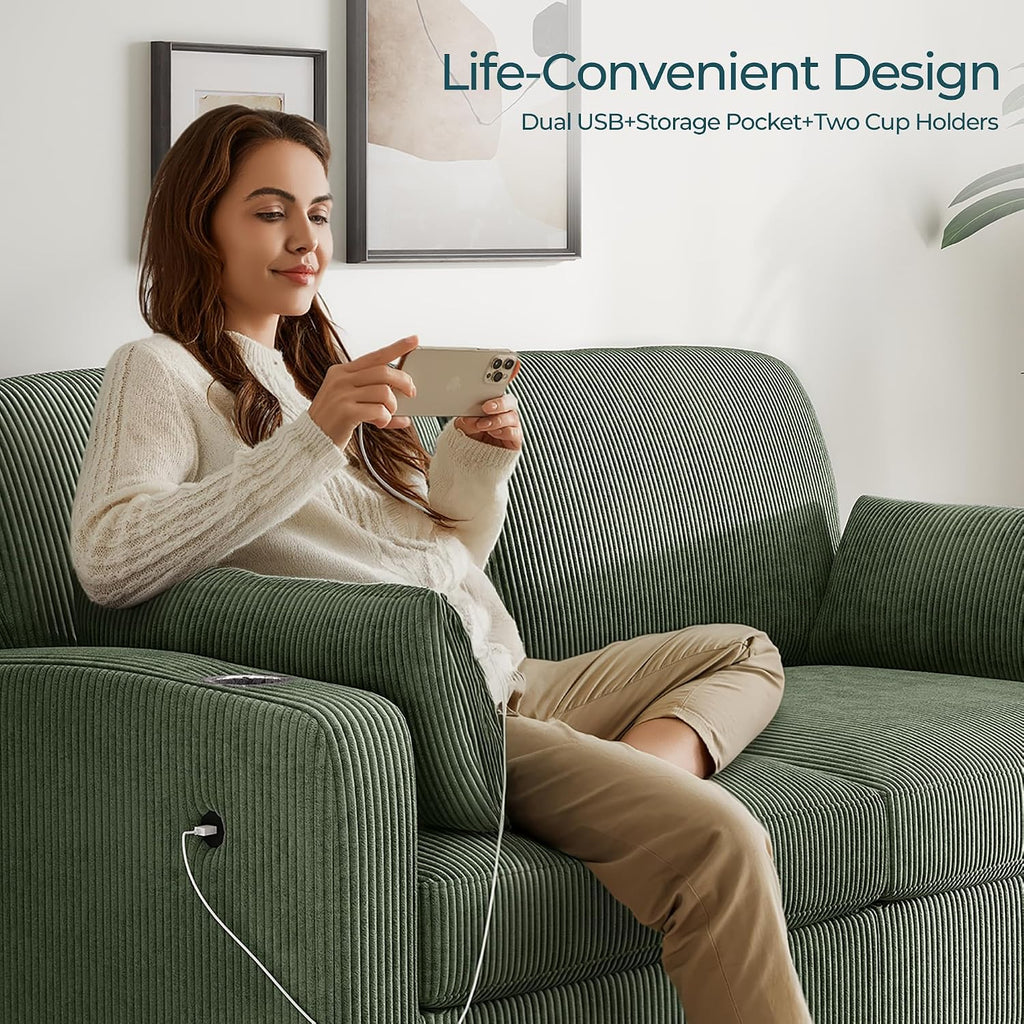 LINSY HOME Pull Out Sofa Bed - Convertible Loveseat Sleeper Sofa, Upgraded Bed Frame Pullout Couch - USB Charging & Cup Holders, Corduroy Sofa Bed for Living Room Small Space, Queen Size (Green)