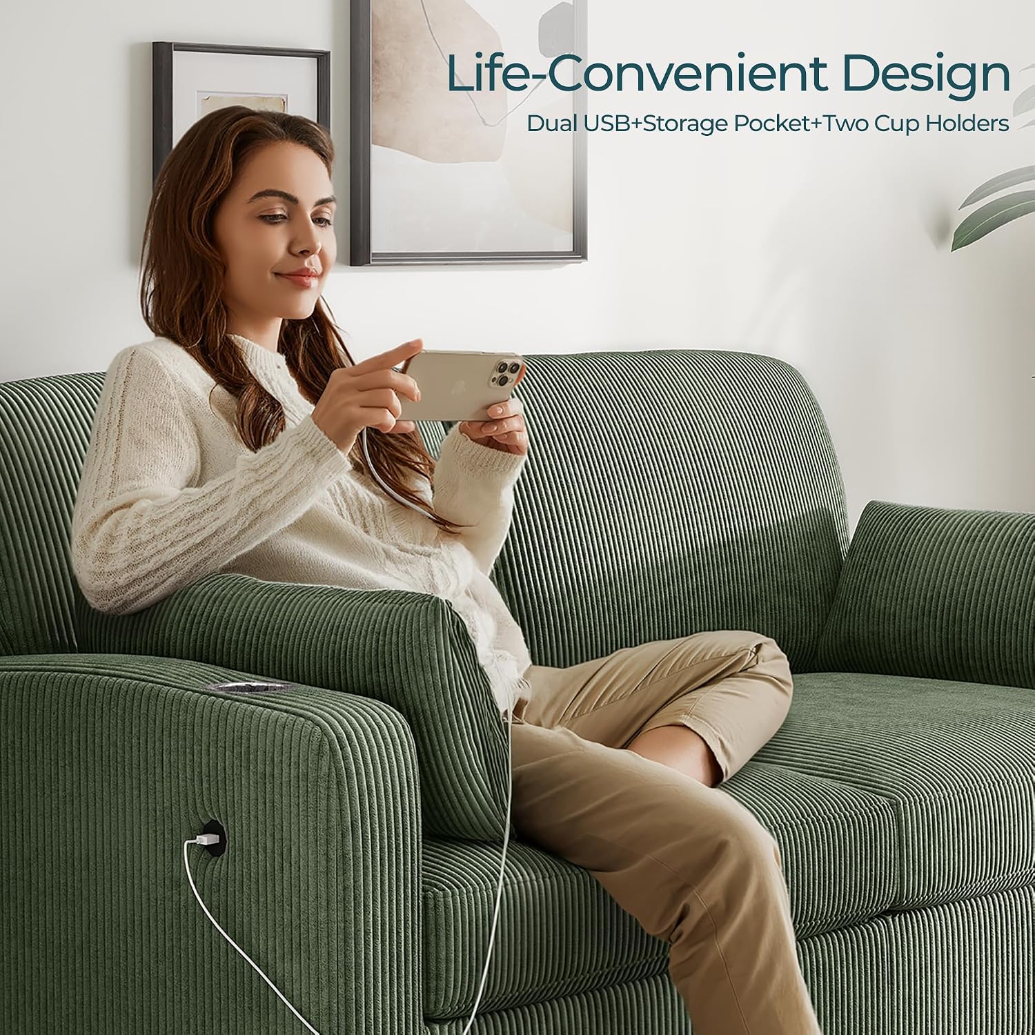 LINSY HOME Pull Out Sofa Bed - Convertible Loveseat Sleeper Sofa, Upgraded Bed Frame Pullout Couch - USB Charging & Cup Holders, Corduroy Sofa Bed for Living Room Small Space, Queen Size (Green)