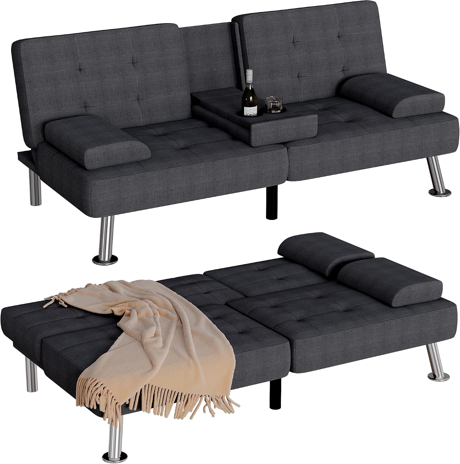 Homall Futon Sofa Bed, Futon Couch with Removable Armrests, Adjustable Recliner Sleeper Sofa Bed with Dual Cup Holders for Living Room, Apartment, Office (Fabric, Black)