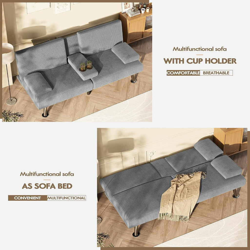 Homall Futon Sofa Bed, Futon Couch with Removable Armrests, Adjustable Recliner Sleeper Sofa Bed with Dual Cup Holders for Living Room, Apartment, Office (Corduroy, Grey)