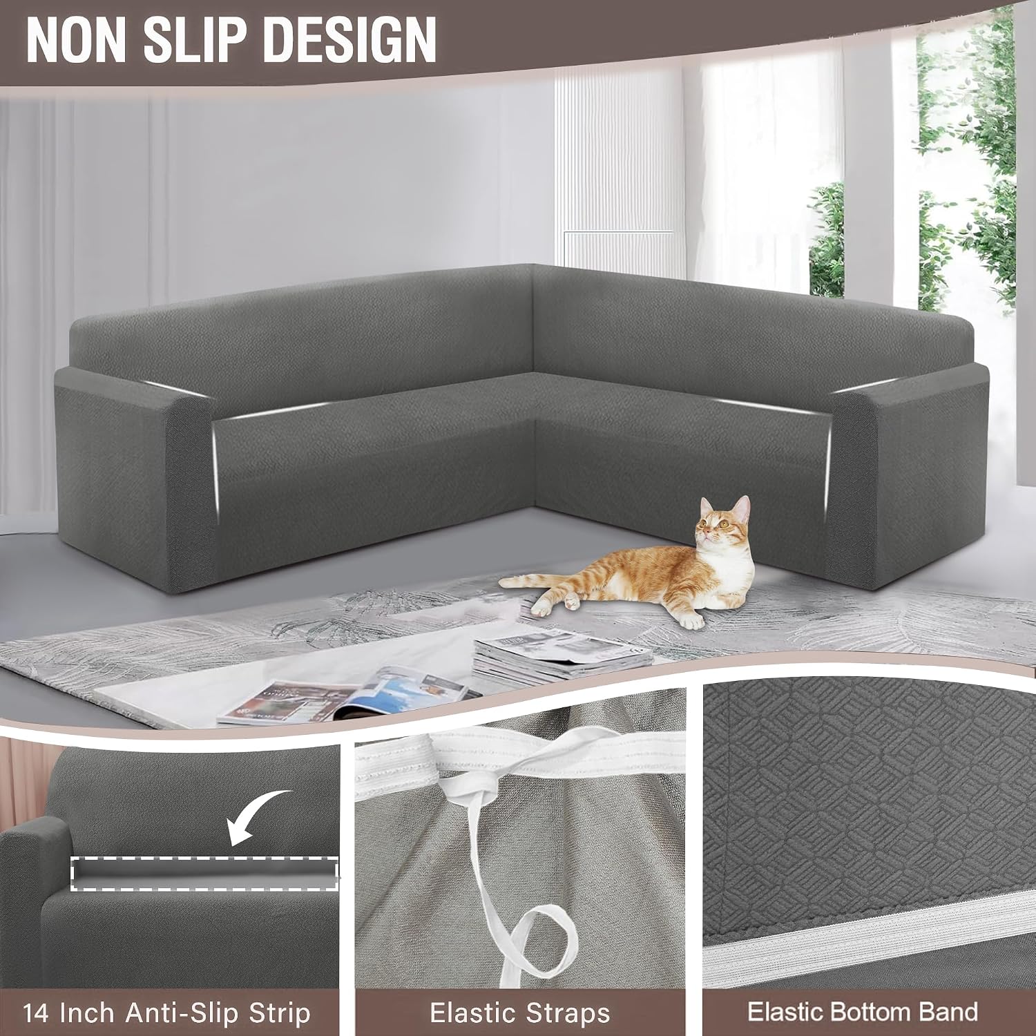 HDCAXKJ Sectional Couch Cover L Shape Stretch Sofa Covers Washable Jacquard Corner Couch Slipcover Non Slip Sectional Slip Cover U Shaped Furniture Protector for Pets Dogs (Dark Grey, X-Large)