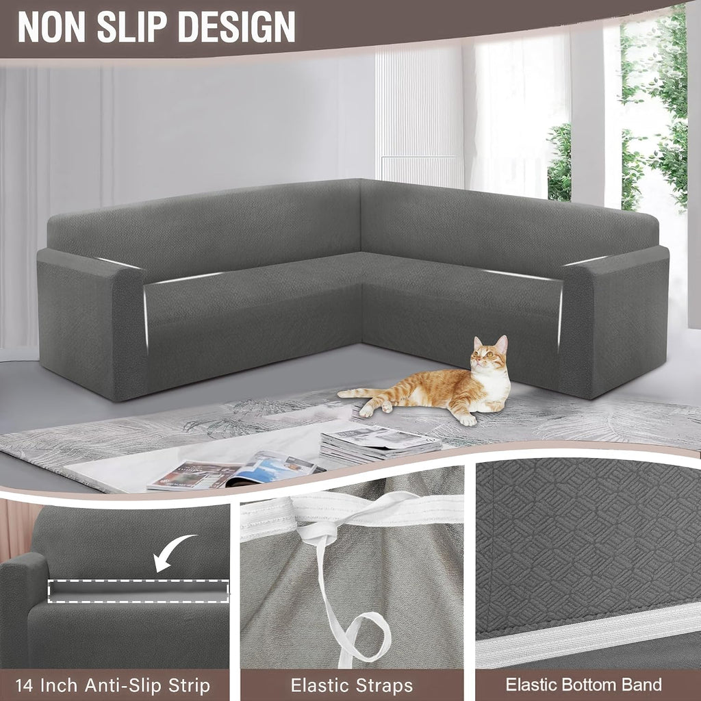 HDCAXKJ Sectional Couch Cover L Shape Stretch Sofa Covers Washable Jacquard Corner Couch Slipcover Non Slip Sectional Slip Cover U Shaped Furniture Protector for Pets Dogs (Dark Grey, Large)