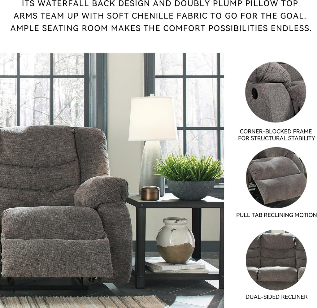 Signature Design by Ashley Tulen Modern Manual Pull Tab Reclining Sofa, Dark Gray