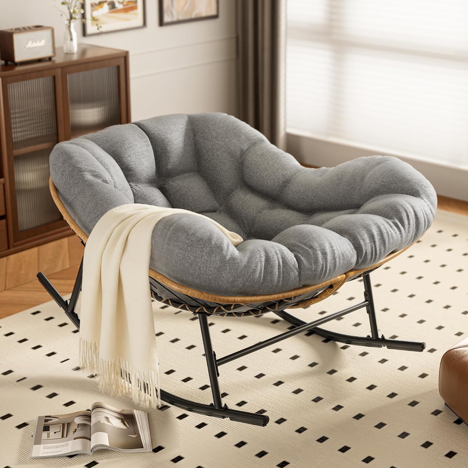 Easyego Oversized Papasan Rocking Chair Indoor Outdoor Use, Comfortable Wicker Rocker with Cozy Thicken Cushion for Deck, Balcony, Poolside, Lawn, Bedroom, Living Room, Dark Grey