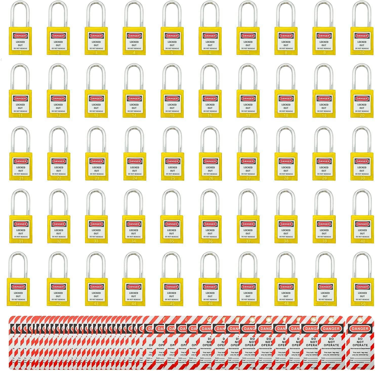 SAFBY 50 Keyed Different Lockout Tagout Locks with 50 Lock Out Tag Out Tags - Loto Safe Padlocks for Lock Out Tag Out Stations and Devices
