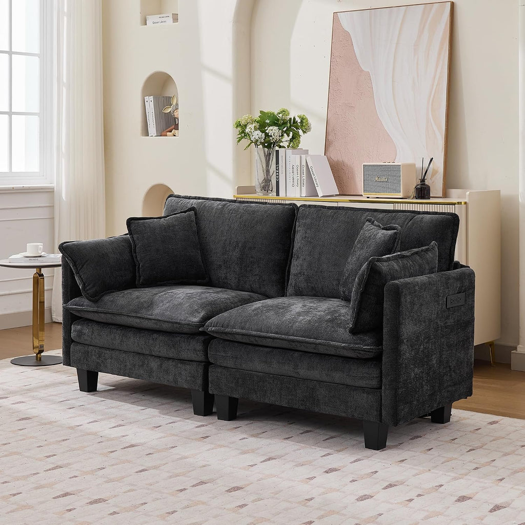 Modular Sectional Sofa, 75' Loveseat Modern Couches for Living Room, Comfy Cloud Couch with Deep Seat for Office and Apartment, with Charger, USB & Type-c Port, Black Chenille Fabric