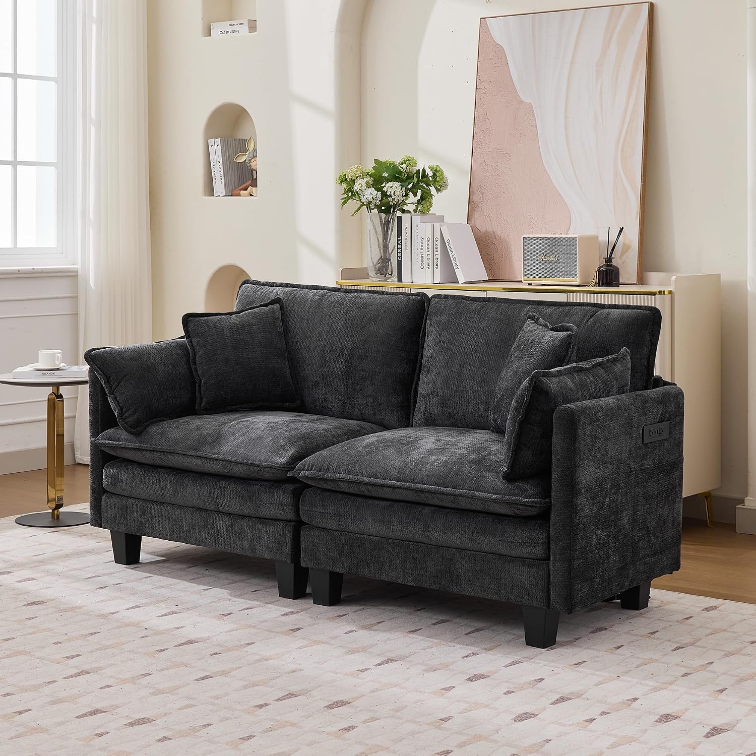 Modular Sectional Sofa, 75' Loveseat Modern Couches for Living Room, Comfy Cloud Couch with Deep Seat for Office and Apartment, with Charger, USB & Type-c Port, Black Chenille Fabric