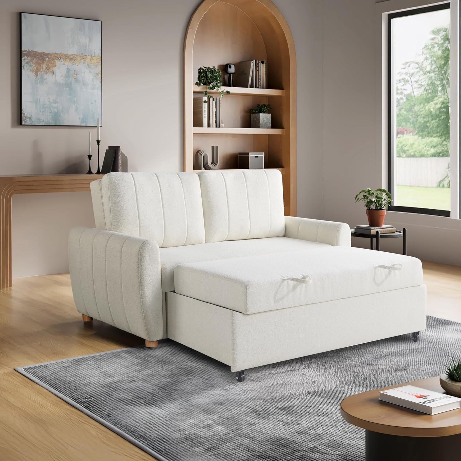 Serta Galway 66.5' Convertible Sleeper Loveseat, Full Size, Dreamcoil Comfort, FingerGuard Pinch Point Protection, Boucle Fabric, Ivory