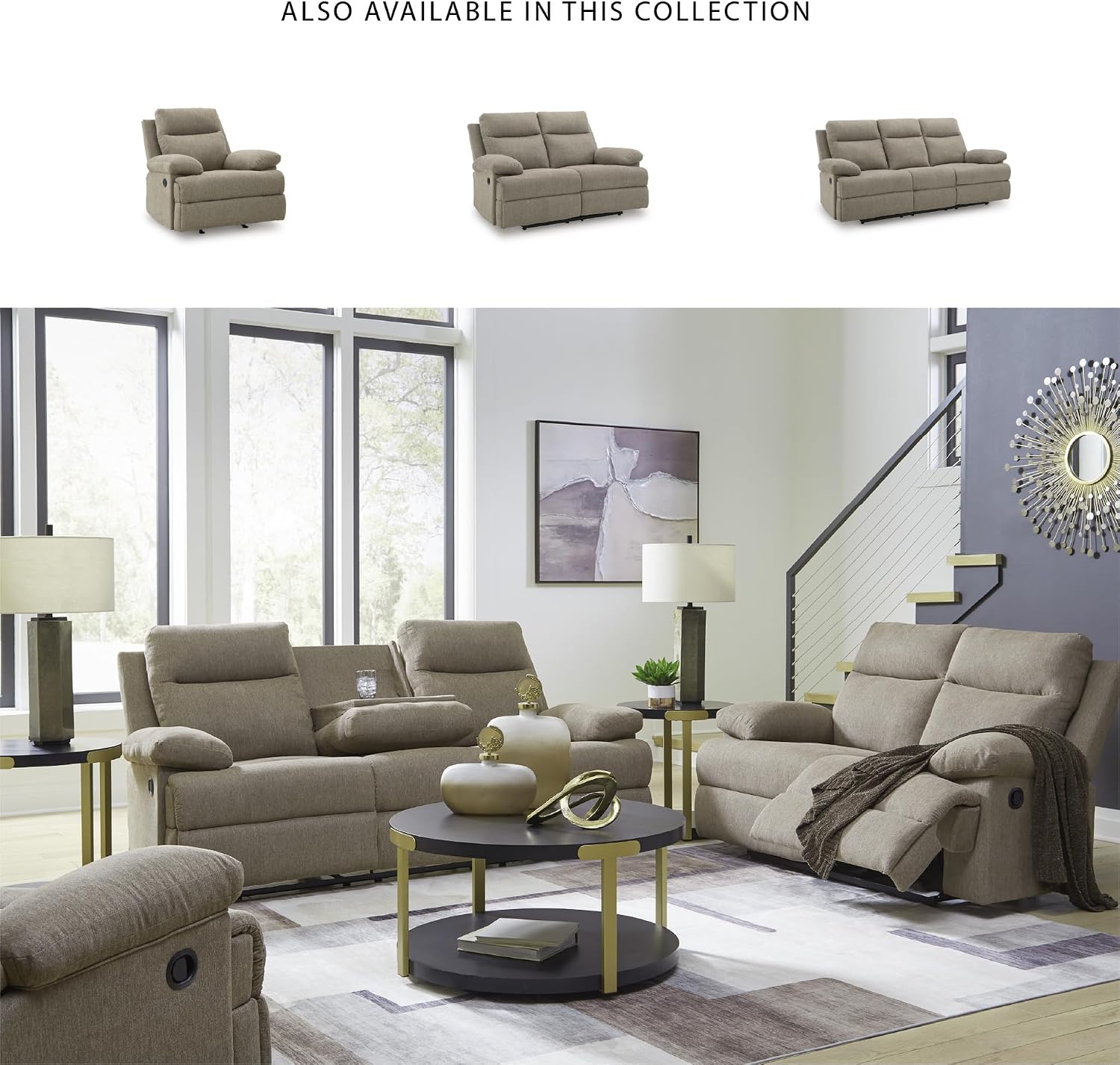 Signature Design by Ashley Yarrow Lane Classic Chenille Manual Pull Tab Reclining Sofa with Drop Down Table and USB Charging, Light Brown
