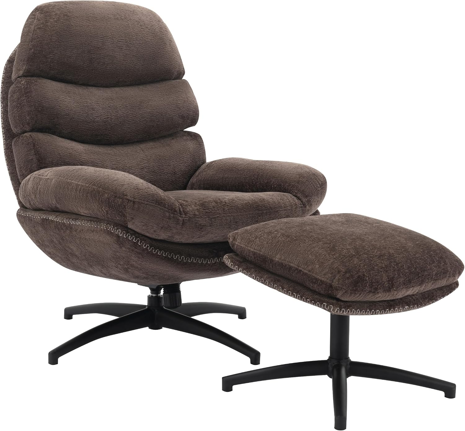 OSP Home Furnishings Kerry Modern Plush Swivel and Rocking Lounge Chair and Foot Rest with Black Base, Brown Fabric