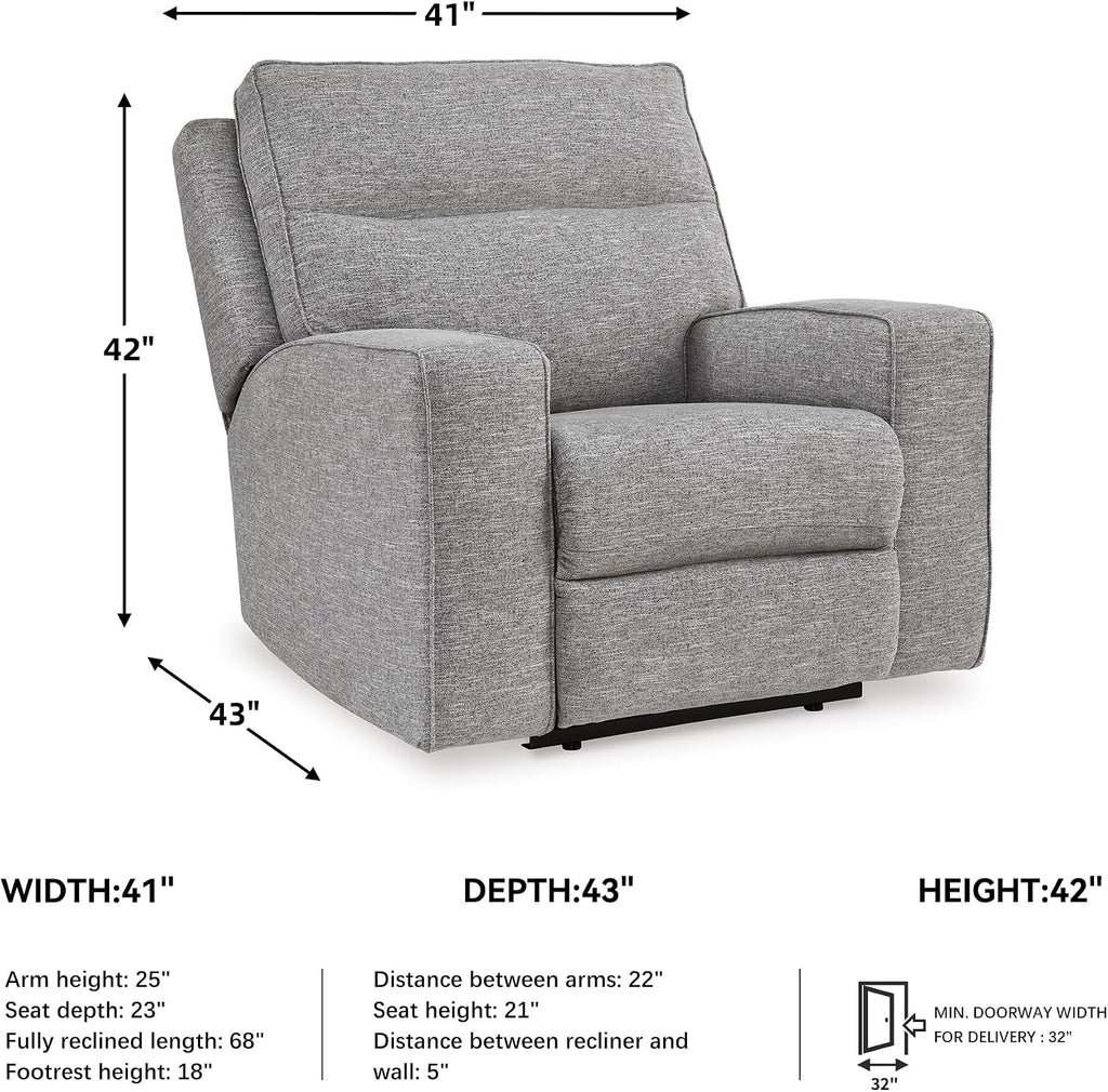Signature Design by Ashley Biscoe Contemporary Power Recliner with Adjustable Headrest, USB Charging, Cleanable Performance Fabric, 21' Seat Height, Gray