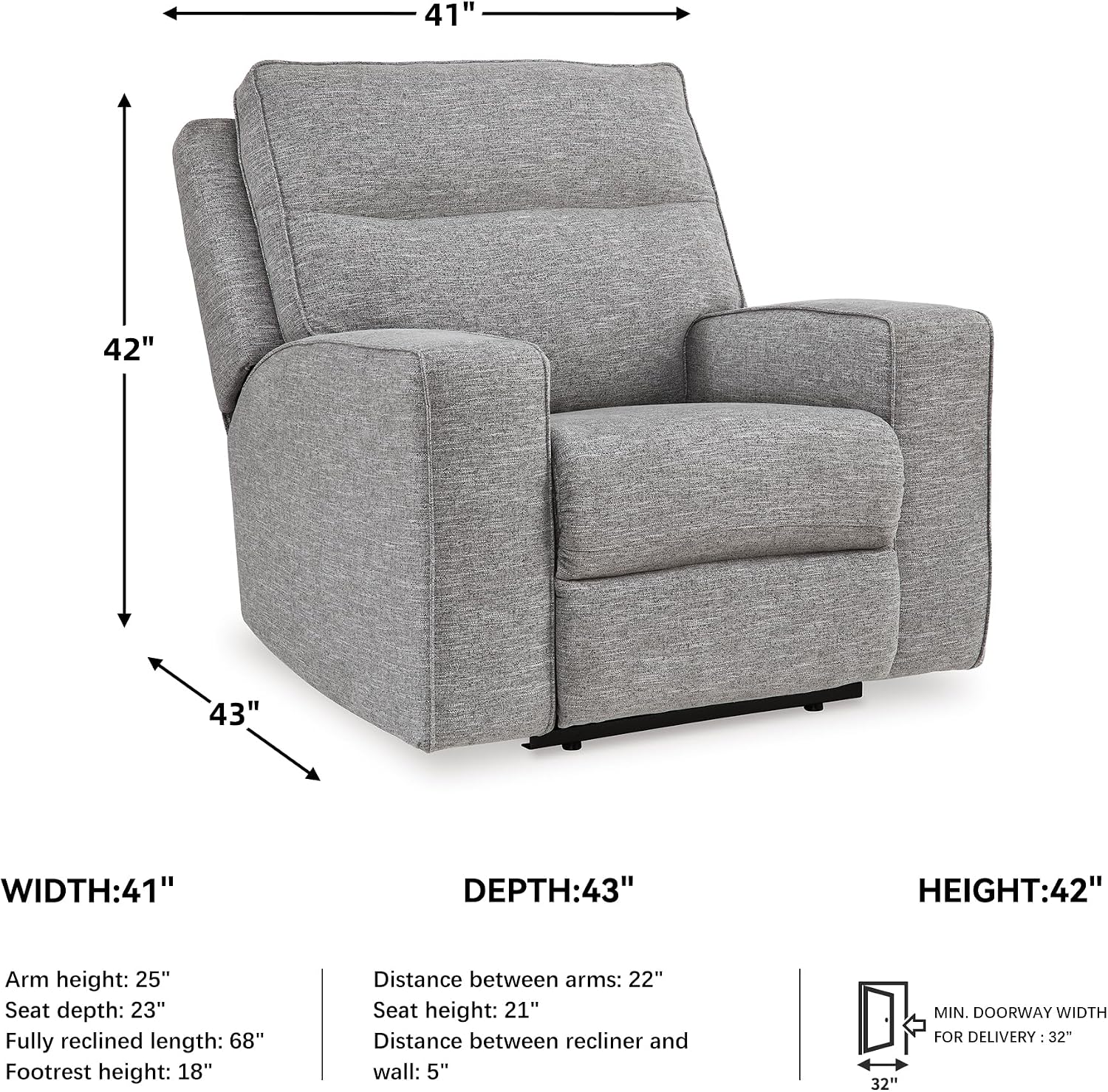 Signature Design by Ashley Biscoe Contemporary Power Recliner with Adjustable Headrest, USB Charging, Cleanable Performance Fabric, 21' Seat Height, Gray