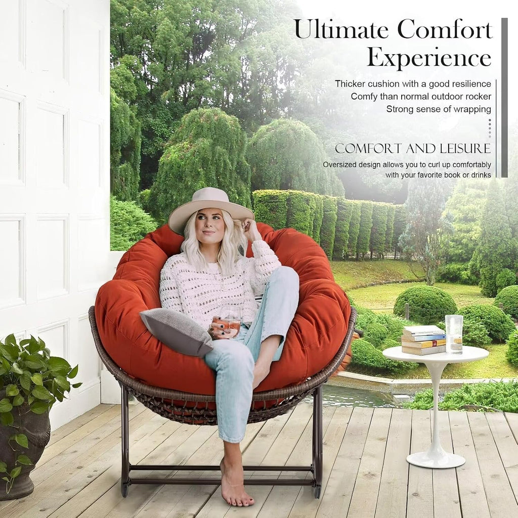 Outdoor Papasan Rocking Chair, Patio Oversized Wicker Egg Rocking Chair, Indoor & Outdoor Comfy Rocker Chair with Thick Cushion, Modern Lounge Chair for Front Porch, Garden, Backyard, Orange