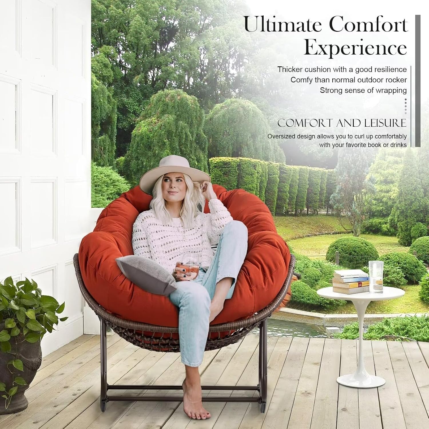 Outdoor Papasan Rocking Chair, Patio Oversized Wicker Egg Rocking Chair, Indoor & Outdoor Comfy Rocker Chair with Thick Cushion, Modern Lounge Chair for Front Porch, Garden, Backyard, Orange