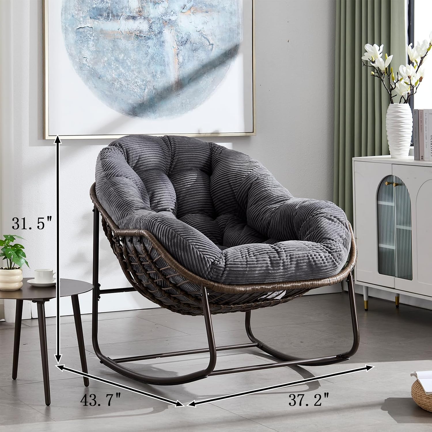 JEEOHEY Papasan Rocking Chairs Outdoor Indoor, Oversized Rattan Rocker Patio Chair with Padded Cushion, Comfy Modern Indoor Egg Chair for Living Room, Bedroom, Porch, Garden, Balcony(Corduroy, Grey)