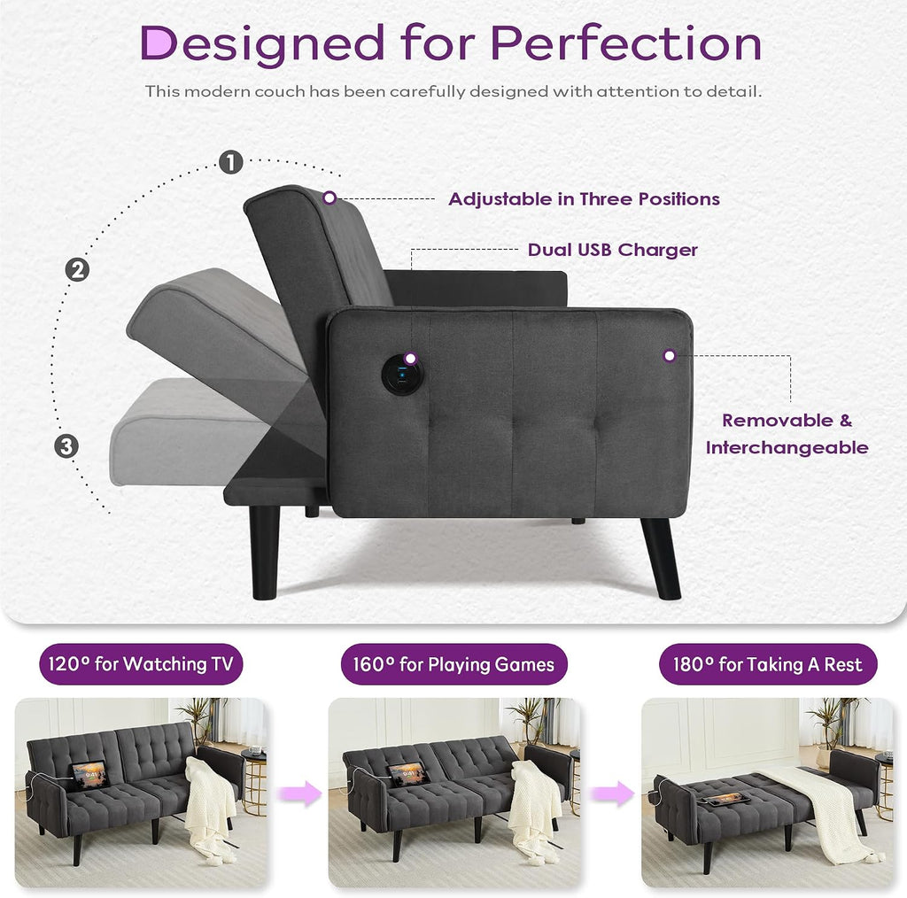 TYBOATLE 65' Convertible Futon Sofa Bed w/ 2 USB, Upholstered Tufted Small Adjustable Folding Couch Loveseat, Modern Mid Century Sleeper Sofa for Living Room, Bedroom, Apartment, Office (Dark Grey)
