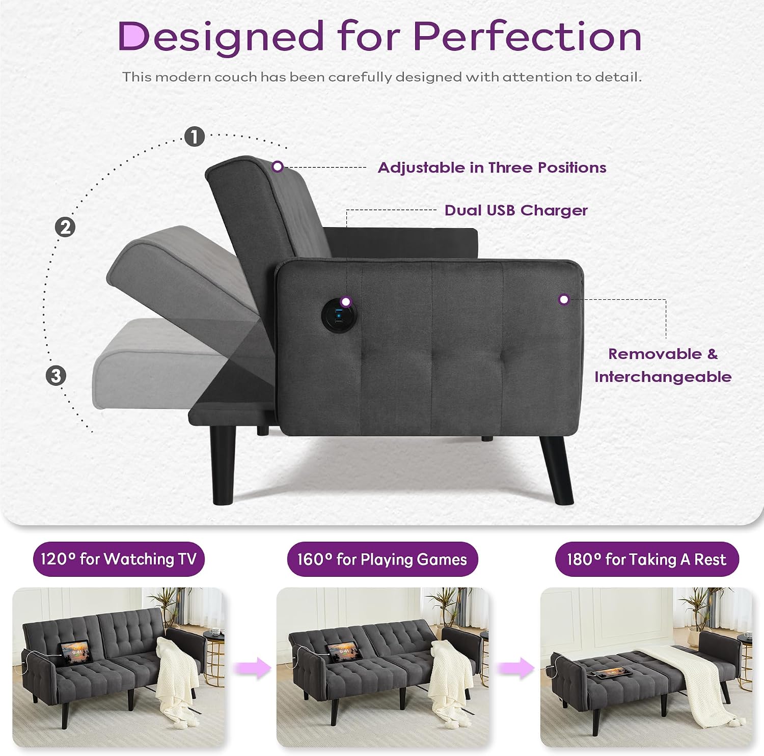 TYBOATLE 65' Convertible Futon Sofa Bed w/ 2 USB, Upholstered Tufted Small Adjustable Folding Couch Loveseat, Modern Mid Century Sleeper Sofa for Living Room, Bedroom, Apartment, Office (Dark Grey)