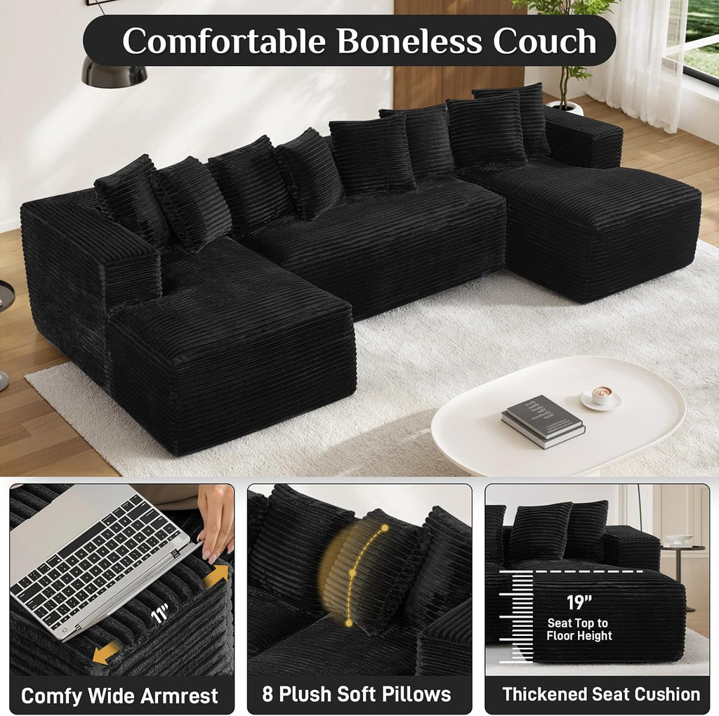 131' Oversized U Shaped Cloud Sectional Couches for Living Room, Comfy Fluffy Corduroy Black Boneless Sectionals Couch, Plush Memory Foam Modular Sectional Sofa with Chaise- 19' Seat Height