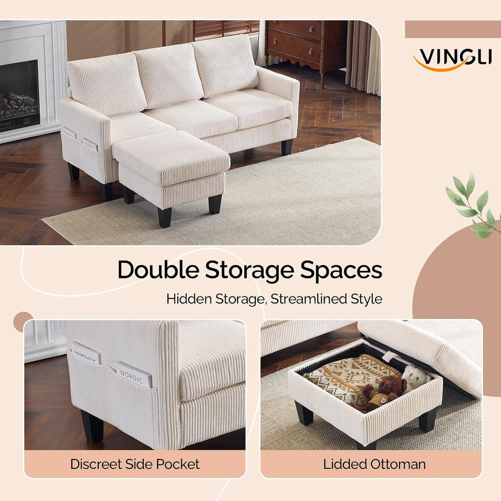 VINGLI 68.5' L Shaped Couch with Movable Storage Ottoman, Convertible Sectional Sofa in Soft Corduroy Fabric, Modern Reversible Chaise Couch for Small Spaces, Apartment, Living Room，Cream White