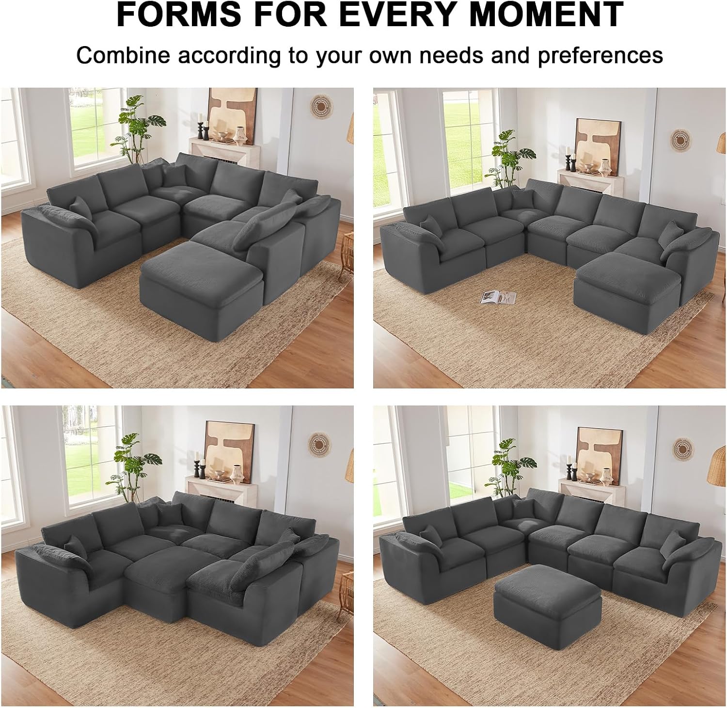 143' Cloud Sectional Couch, Boneless couches for Living Room, 7 Seater Large Modular Sectional Sofa with Deep Seat, Comfy Soft Cushions, No Assembly, Gray