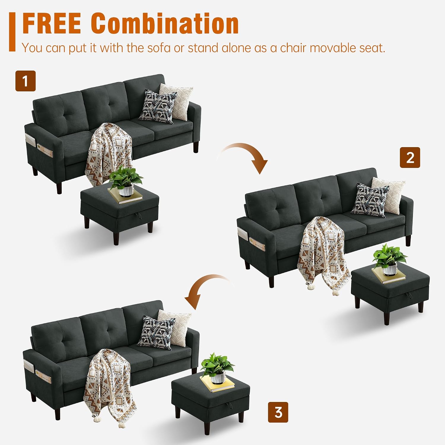 80' Convertible Sectional Sofa Couch with Movable Ottoman, 3 Seats Sectional Sofas L Shaped Couch for Small Spaces, Soft Fabric Couch for Living Room (Black)