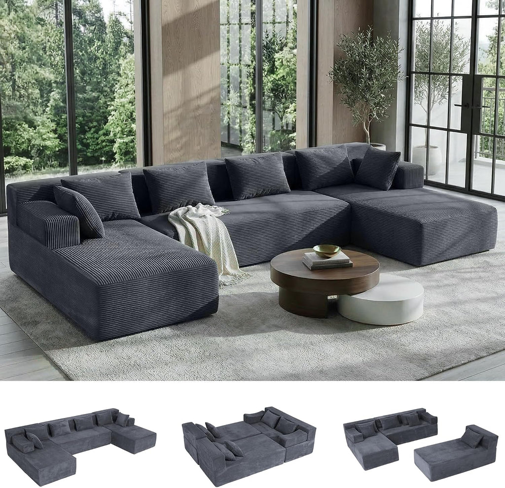 MONVANE 141' U Shaped Cloud Sectional Couch with Chaise Lounge, Modular Sectional Sofa with Removable Armrests, Comfy Corduroy Boneless Couches for Living Room, No Assembly Required, Grey