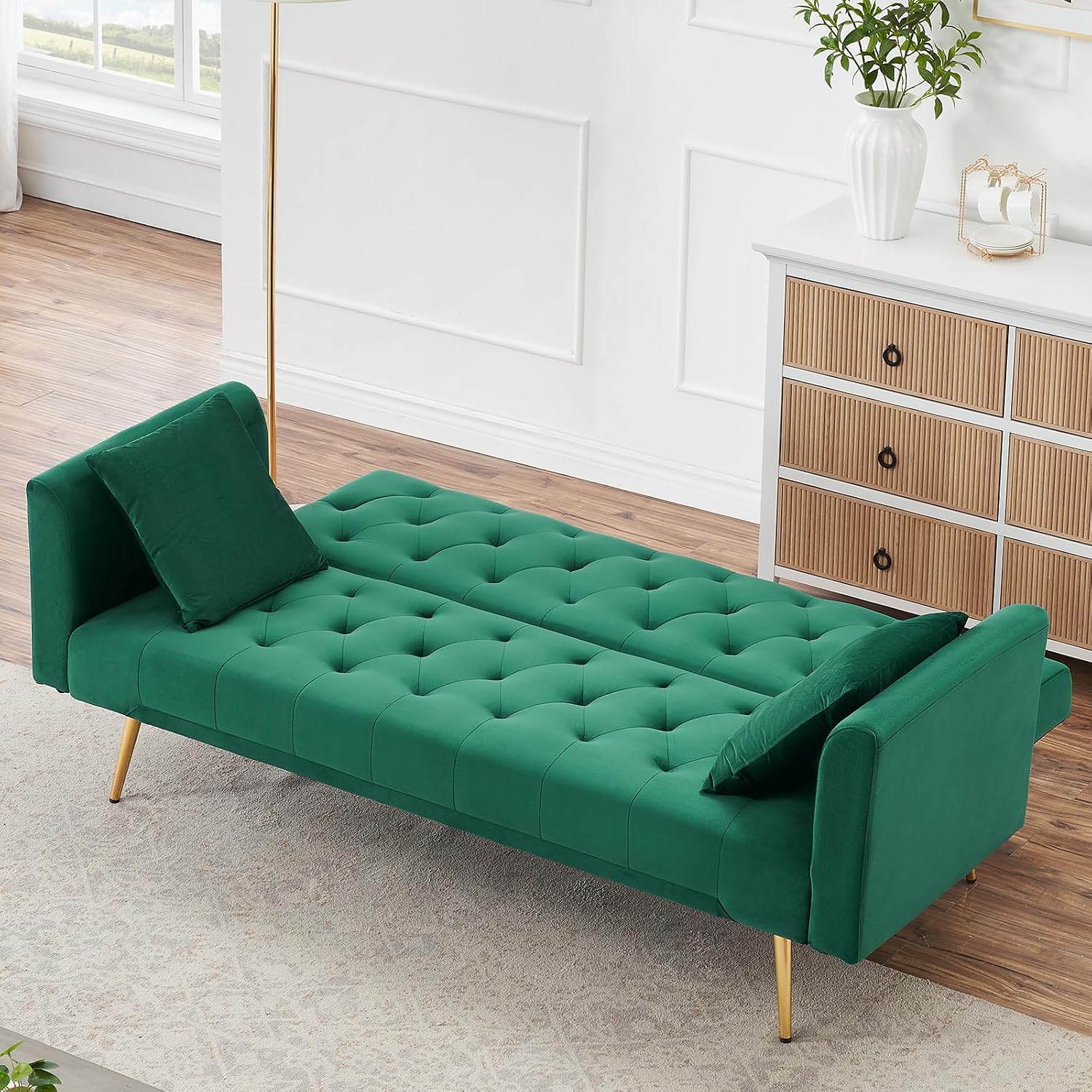 71' Modern Velvet Sofa Bed Futon, Convertible Sleeper Couch with Adjustable Backrest, Tufted Recliner Loveseat with Golden Chrome Legs & 2 Pillows for Small Spaces, Living Room, Apartment (Green)