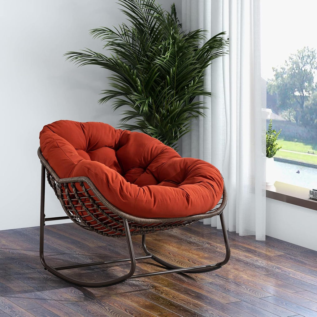 Outside Rattan Rocking Chair with Wicker Cushion, Oversized Lounge Papasan Chair, Outdoor Camping Chairs Patio Furniture for Garden, Balcony, Front Porch & Living Room, Orange