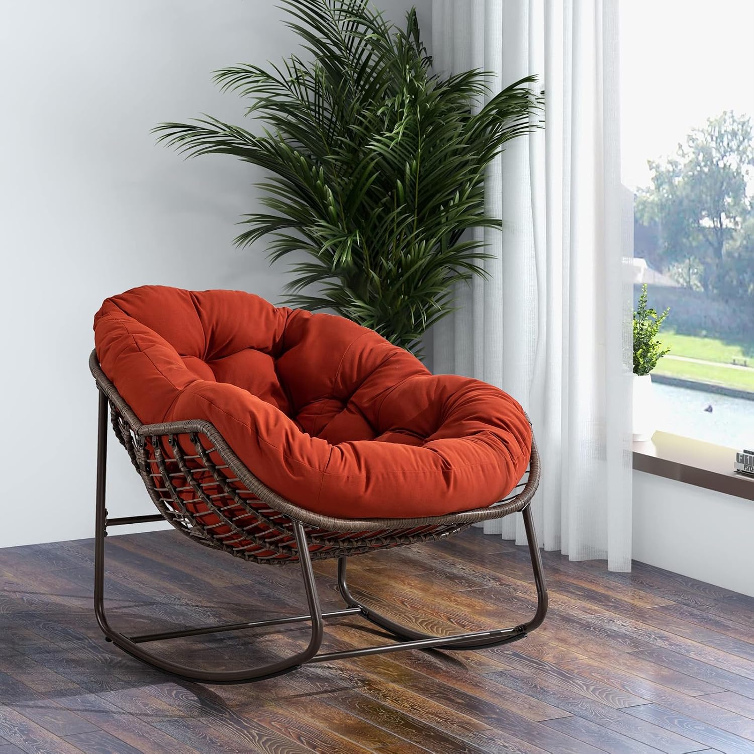 Outside Rattan Rocking Chair with Wicker Cushion, Oversized Lounge Papasan Chair, Outdoor Camping Chairs Patio Furniture for Garden, Balcony, Front Porch & Living Room, Orange