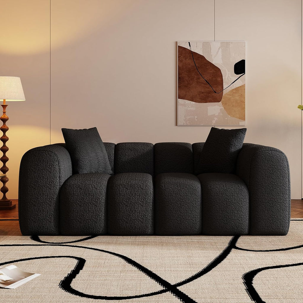 WHGBJA 70' Modern Chenille Fabric Sofa Couch – One-Piece Memory Foam 3-Seater Sofa with Rounded Arms, Soft & Cozy Upholstery for Living Room (Black)
