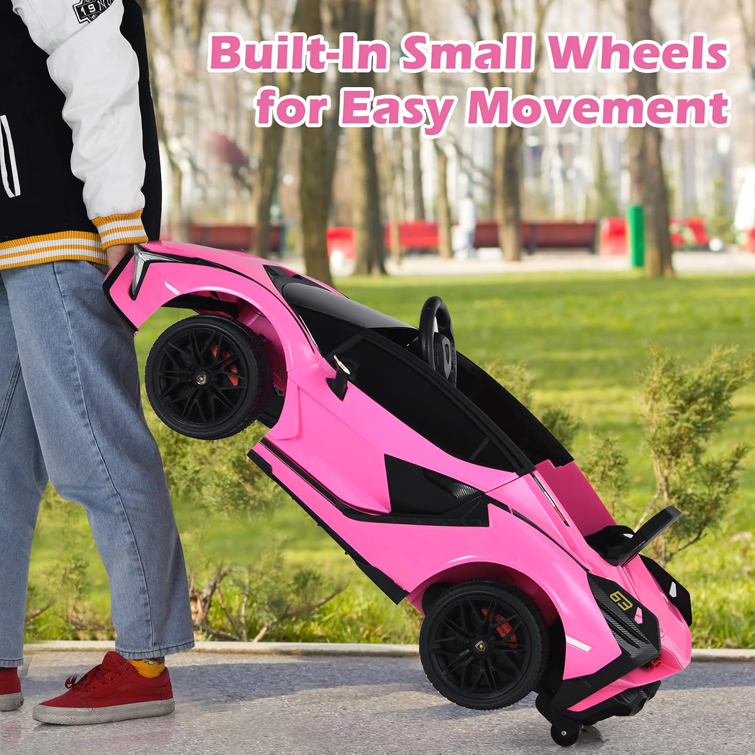 INFANS 12V Licensed Lamborghini Sian Kids Ride On Car with Parent Remote Control, Spring Suspension, MP3 Player, Electric Toy Roadster Carbon Fiber Textured for Toddler (Pink Black)